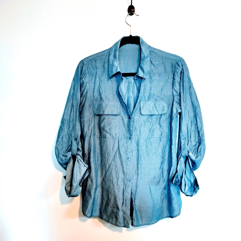 Express blue polkadot button up blouse size medium